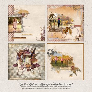 May include: Four digital scrapbook layouts with autumn themes. Each layout features a different photo and includes elements like leaves, branches, and text. The text includes "Hello Autumn", "Fluttering Leaves", and "Fall Colors".