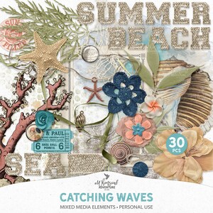 Imágenes prediseñadas de verano, vacaciones en la playa, orilla del mar, álbum de fotos de playa, descarga instantánea, adornos para álbumes de recortes digitales, conchas y estrellas de mar
