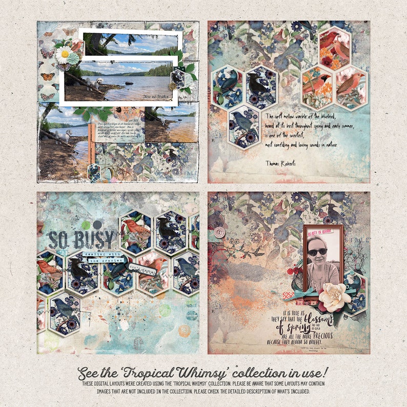 K&ouml;nnte beinhalten: Ein digitales Scrapbook-Layout mit einer Collage aus Bildern und Text. Das Layout hat einen blau-wei&szlig;en Hintergrund mit einer Vielzahl von Bildern, darunter ein See, V&ouml;gel, Blumen und eine Frau. Der Text enth&auml;lt Zitate &uuml;ber Natur und Fr&uuml;hling.