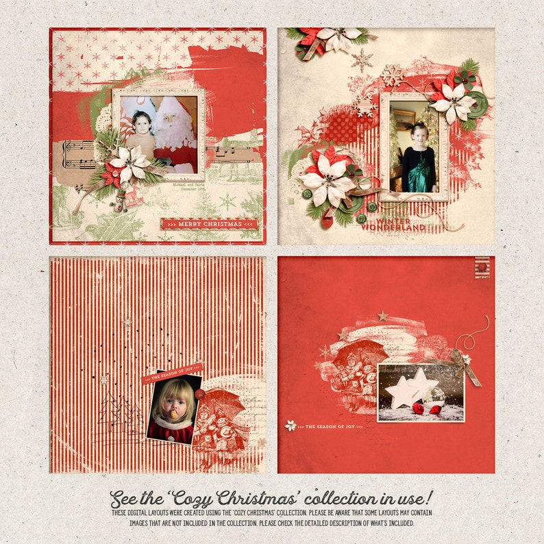 Puede incluir: Cuatro dise&ntilde;os digitales de &aacute;lbum de recortes con un tema navide&ntilde;o rojo y blanco. Cada dise&ntilde;o presenta una foto diferente de ni&ntilde;os e incluye varios elementos decorativos como poinsettias, copos de nieve y notas musicales. El texto "Feliz Navidad", "Pa&iacute;s de las Maravillas de Invierno" y "La Temporada de la Alegr&iacute;a" est&aacute; incluido en los dise&ntilde;os.