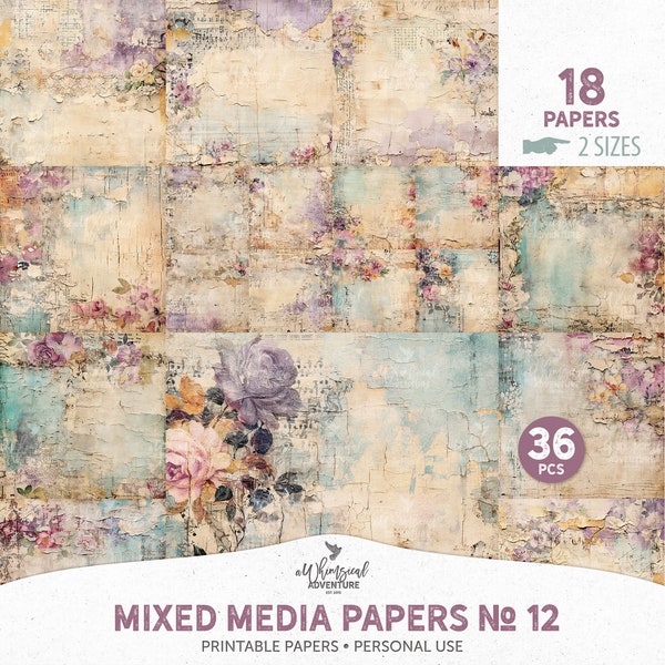 Distressed Printable Victorian Grunge Floral Scrapbook Paper, Digital Download Mixed Media Collage Textures For Art Or Junk Journal