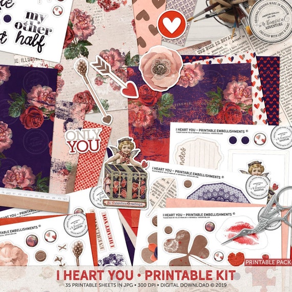 Printable Scrapbook Collage Kit, Valentine's Day Kit, Couple Scrapbook Kit,  Romantic Digital Paper, Love Junk Journal, Instant Download 