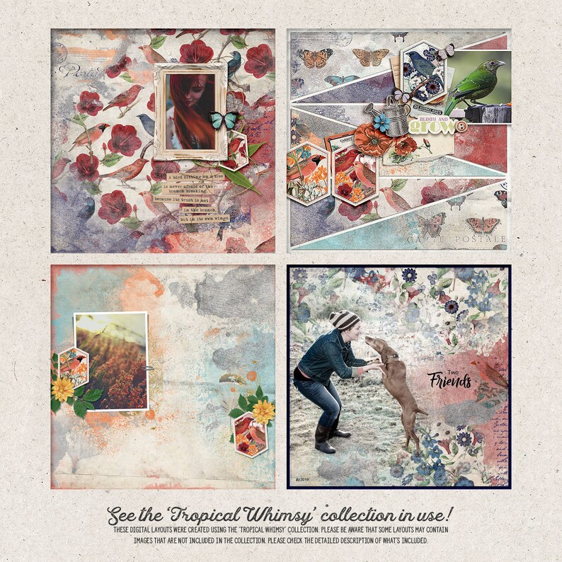 K&ouml;nnte beinhalten: Vier digitale Scrapbooking-Layouts mit einer Vielzahl von Bildern, darunter V&ouml;gel, Blumen, Schmetterlinge, eine Frau, ein Hund und eine Gie&szlig;kanne. Die Layouts sind in einem verspielten Stil mit einem Aquarellhintergrund und verschiedenen Texturen gestaltet.