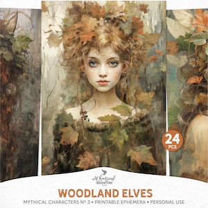 Arte de parede de outono para impressão de elfos da floresta, itens efêmeros de fadas para scrapbooking ou diário de lixo, download digital de folha de colagem de floresta encantada