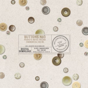 Botões, Kits de enfeites para scrapbooking digital, Uso comercial OK, Download digital instantâneo, Pérola, Creme, Metal, Fechos, Bege