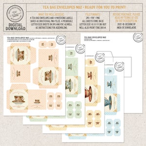 May include: Printable tea bag envelope templates featuring a vintage teacup design. The set includes four envelopes and four matching labels, all in pastel colors with polka dot patterns. The printable sheets are 8.5 x 11 inches and can be printed on A4 paper.