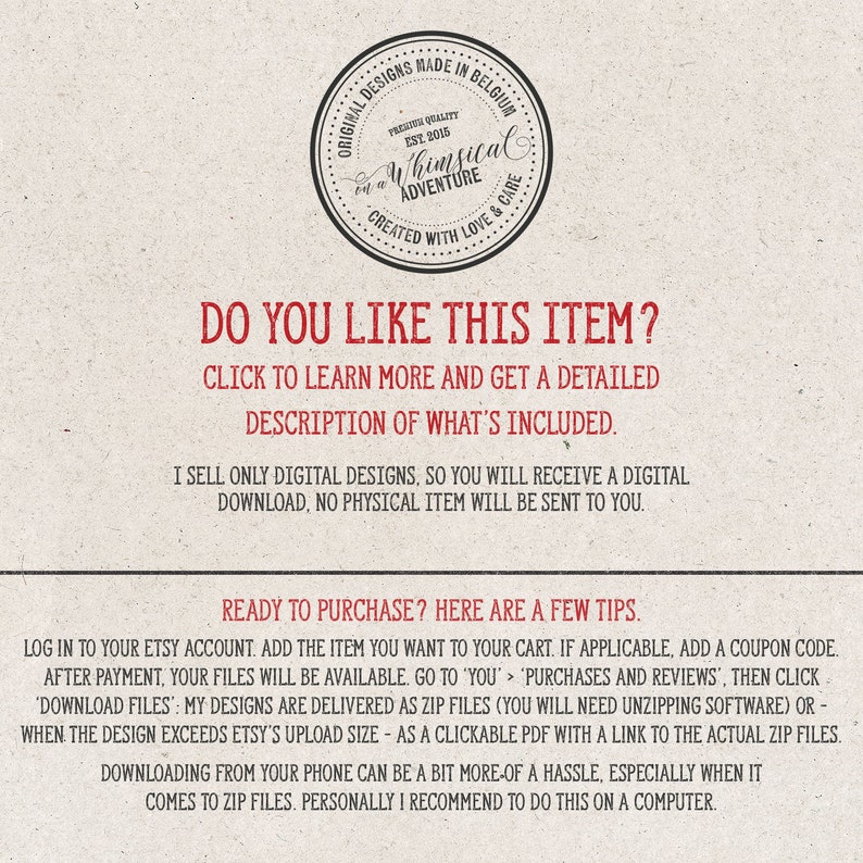 May include: A digital download information page with the text "Do you like this item?" and "Click to learn more and get a detailed description of what's included." The page also includes instructions on how to download digital files from Etsy.