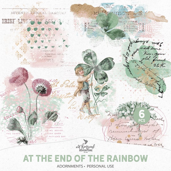 At The End Of The Rainbow Artsy Digital Scrapbooking Overlays, Instant Download Mixed Media Art Clipart PNG Files For St Patricks Day