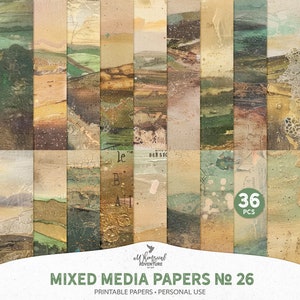 Goud en groen shabby afdrukbaar abstract geschilderd landschapspapier, digitale download mixed mediakunst voor scrapbooking en rommeljournaal