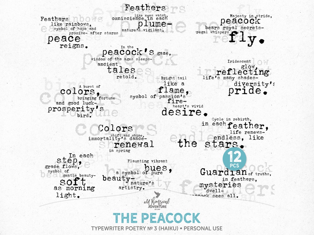 Whimsical Peacock Grunge Vintage Typewriter Haiku Poetry, Digital Download PNG Clipart Files for