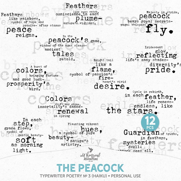 Whimsical Peacock Grunge Vintage Typewriter Haiku Poetry, Digital Download PNG Clipart Files For Scrapbooking And Junk Journal