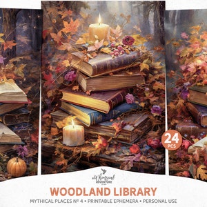 Herbst magischen Wald Fantasy Bibliothek druckbare Junk Journal Papiere, digitaler Download 5 x 7 Karten und ATC Ephemera Collage Sheets