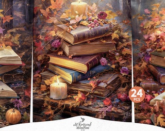 Autumn Magic Forest Fantasy Library Printable Junk Journal Papers, Digital Download 5x7 Cards And ATC Ephemera Collage Sheets