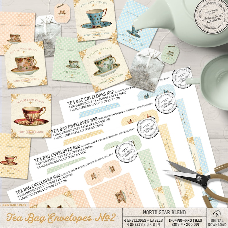 May include: Printable tea bag envelopes with a vintage floral design. The envelopes are 2.5 x 2.75 inches and the labels are 0.983 x 1.18 inches. The design features a teacup with a floral pattern and the text "North Star Tea Co." and "North Star Blend".