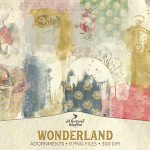 May include: A digital collage of whimsical images in a vintage style. The collage features a white rabbit, a tea party, a clock, a floral pattern, and a gold-colored archway. The text "WONDERLAND" is written in a decorative font at the bottom of the collage.