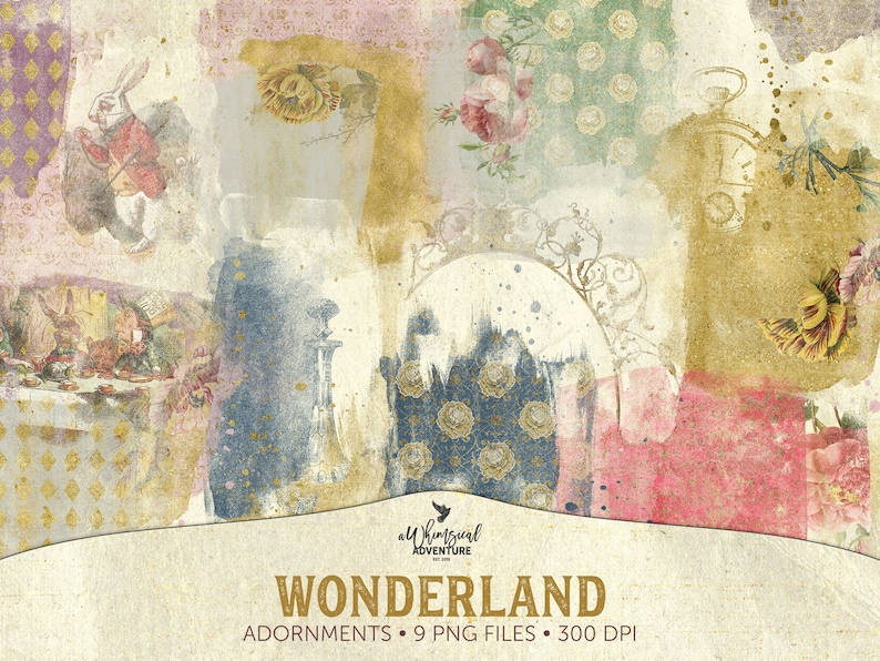 May include: A digital collage of whimsical images in a vintage style. The collage features a white rabbit, a tea party, a clock, a floral pattern, and a gold-colored archway. The text "WONDERLAND" is written in a decorative font at the bottom of the collage.