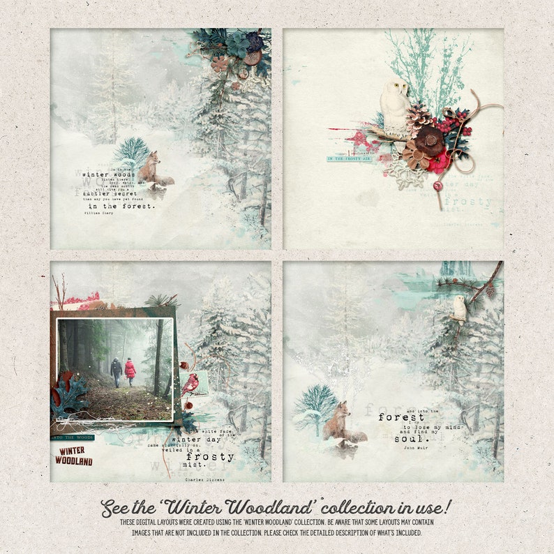 K&ouml;nnte beinhalten: Vier digitale Scrapbooking-Layouts mit winterlichem Waldthema. Die Layouts enthalten Bilder von einem Fuchs, einer Eule, einem verschneiten Wald und einem Paar, das durch den Wald geht. Der Text "winter woods" und "frosty mist" ist in den Layouts enthalten.