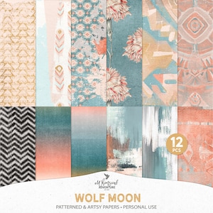 Wolf Mond Native American Indian Digitale Papiere, Sofort-Download Januar Neujahr Mixed Media Boho Artsy Hintergründe