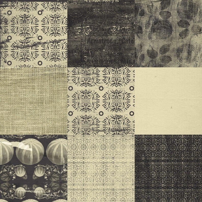 Halloween Pumpkin Pattern Paper, Ornamental Pattern, Grungy Paper Pack, Gray And Cream Color Scheme, Instant Download, Grunge Roses, Burlap image 2