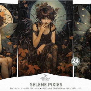 May include: A digital illustration of a fairy with brown hair and a black dress, sitting in a forest with a full moon in the background. The image is part of a set of 24 printable ephemera called "Selene Pixies".