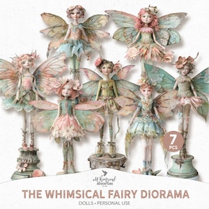Puede incluir: Siete muñecas de hadas caprichosas con alas delicadas y detalles florales. Las muñecas están dispuestas en un escenario de diorama, cada una de pie sobre un pedestal con un diseño floral. Las muñecas están hechas de papel y tela y tienen una estética vintage. El texto "The Whimsical Fairy Diorama" se muestra en la parte inferior de la imagen.