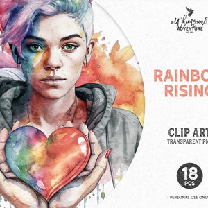 Clipart PNG de álbum de recortes de acuarela con orgullo LGBTQ y arcoíris en ascenso, descarga instantánea de arte digital, regalo de revelación de género