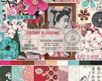 Fleurs de cerisier - kit de scrapbooking - arbre de sakura - style asiatique - art japonais - téléchargement numérique