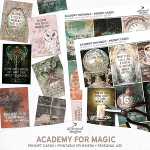 Pode incluir: Um conjunto de 16 cartões de perguntas "Academy for Magic", cada um com ilustrações vintage e perguntas como "Descreva o seu dia mágico perfeito". Os cartões medem 6,35 x 8,89 cm.