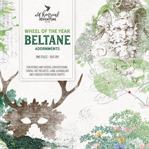 Accessoires de scrapbooking Beltane, superpositions PNG pour Photoshop, roue de l'année, techniques mixtes, peinture et tampons