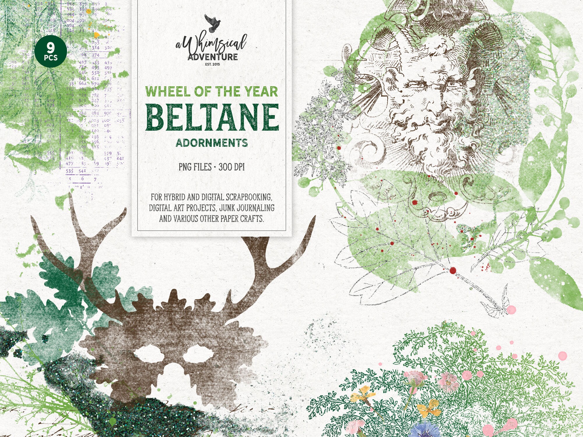 Beltane Scrapbook Accents, PNG Overlays For Photoshop, Wheel Of The Year, Mixed Media, Paint And Stamps