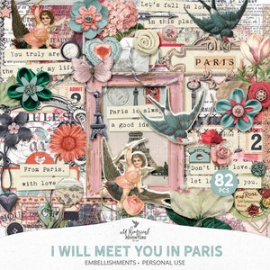 Libro de recuerdos de boda con temática de París, imágenes prediseñadas de estilo shabby chic, estilo vintage, Torre Eiffel, ilustraciones de París, descarga instantánea, álbumes de recortes