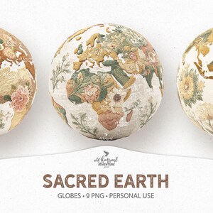 Sacred Earth 3D Globes in wunderlichen Fantasy Stickereien mit floralen Details, Digital Download Elemente für Scrapbooking und Junk Journal