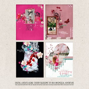 K&ouml;nnte beinhalten: Vier digitale Scrapbooking-Layouts mit Kirschbl&uuml;ten, einer japanischen Frau, einem M&auml;dchen, das nach einem Schmetterling greift, und einem Zitat &uuml;ber die Sch&ouml;nheit des Fr&uuml;hlings. Die Layouts sind in einem rosa und wei&szlig;en Farbschema mit einem verspielten und romantischen Gef&uuml;hl gestaltet.