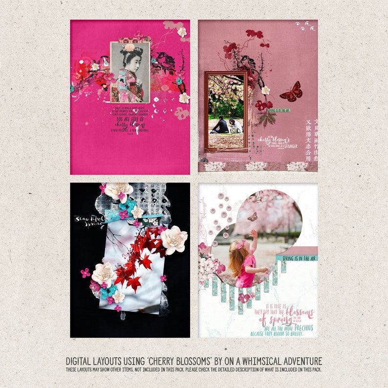 K&ouml;nnte beinhalten: Vier digitale Scrapbooking-Layouts mit Kirschbl&uuml;ten, einer japanischen Frau, einem M&auml;dchen, das nach einem Schmetterling greift, und einem Zitat &uuml;ber die Sch&ouml;nheit des Fr&uuml;hlings. Die Layouts sind in einem rosa und wei&szlig;en Farbschema mit einem verspielten und romantischen Gef&uuml;hl gestaltet.