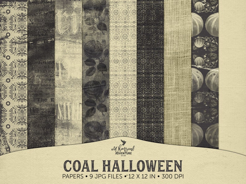 Halloween Pumpkin Pattern Paper, Ornamental Pattern, Grungy Paper Pack, Gray And Cream Color Scheme, Instant Download, Grunge Roses, Burlap image 1