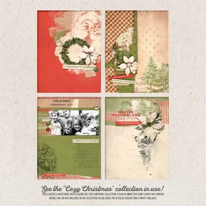 May include: Four digital scrapbook layouts with a Christmas theme. The layouts feature red, green, and white colors with a vintage aesthetic. The layouts include images of Santa Claus, a wreath, a poinsettia, and a family photo. The text on the layouts includes "A Christmas to Remember", "December Christmas Day", "Winter Wonderland", and "The Season of Joy".