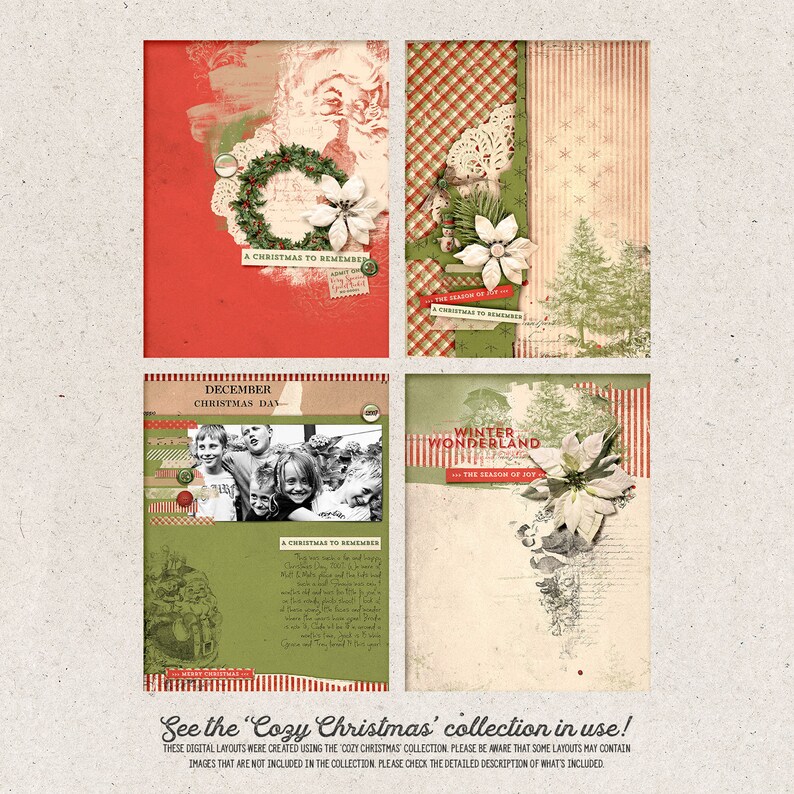 May include: Four digital scrapbook layouts with a Christmas theme. The layouts feature red, green, and white colors with a vintage aesthetic. The layouts include images of Santa Claus, a wreath, a poinsettia, and a family photo. The text on the layouts includes "A Christmas to Remember", "December Christmas Day", "Winter Wonderland", and "The Season of Joy".