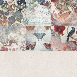 K&ouml;nnte beinhalten: Eine Collage aus Vintage-Bildern mit Schmetterlingen, V&ouml;geln und Blumen. Die Bilder sind in einem Raster angeordnet und haben einen verblassten, abgenutzten Look. Der Hintergrund ist hellbeige.