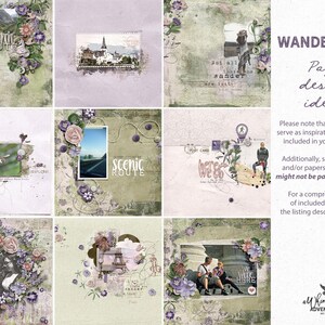 May include: A collection of scrapbook page design ideas with a travel theme. The pages feature photos, floral accents, and text elements like "Scenic Route" and "Here We Go." The colour palette includes greens, purples, and creams, evoking a vintage aesthetic.