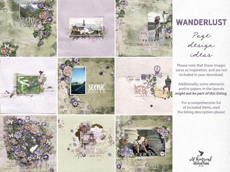 May include: A collection of scrapbook page design ideas with a travel theme. The pages feature photos, floral accents, and text elements like "Scenic Route" and "Here We Go." The colour palette includes greens, purples, and creams, evoking a vintage aesthetic.