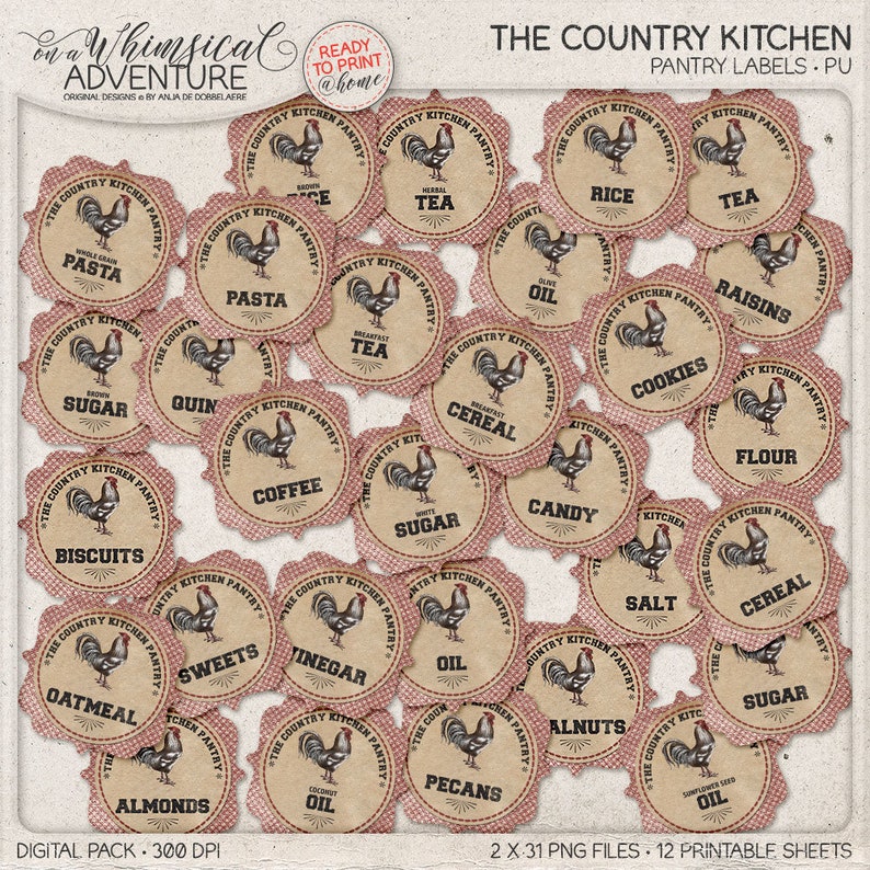 Farmhouse Style, Pantry Organization, Printable Kitchen Jar Labels, Instant Download, Digital Collage Sheet, Vintage Rustic Kitchen Decor image 1