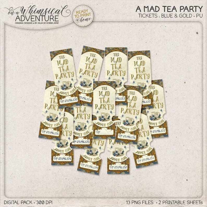 Wonderland Printable Coupons, Mad Tea Party Ticket Invitation, Instant Download, Digital Collage Sheet, Gold and Blue Raffle Tickets image 1