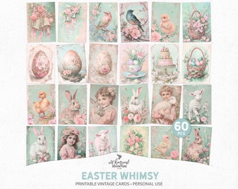 Printable Vintage Style Floral Easter Cards For Scrapbooking, Digital Download 5x7 And ATC Collage Sheets Junk Journal Ephemera