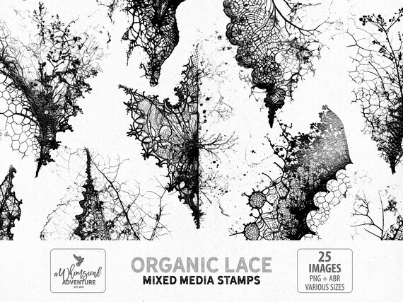 Organic Black Lace Mixed Media Stamps And Photoshop Brushes ABR, Digital Download PNG Clipart Files For Scrapbooking And Journaling
