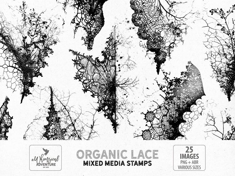 Organic Black Lace Mixed Media Stamps And Photoshop Brushes ABR, Digital Download PNG Clipart Files For Scrapbooking And Journaling image 1
