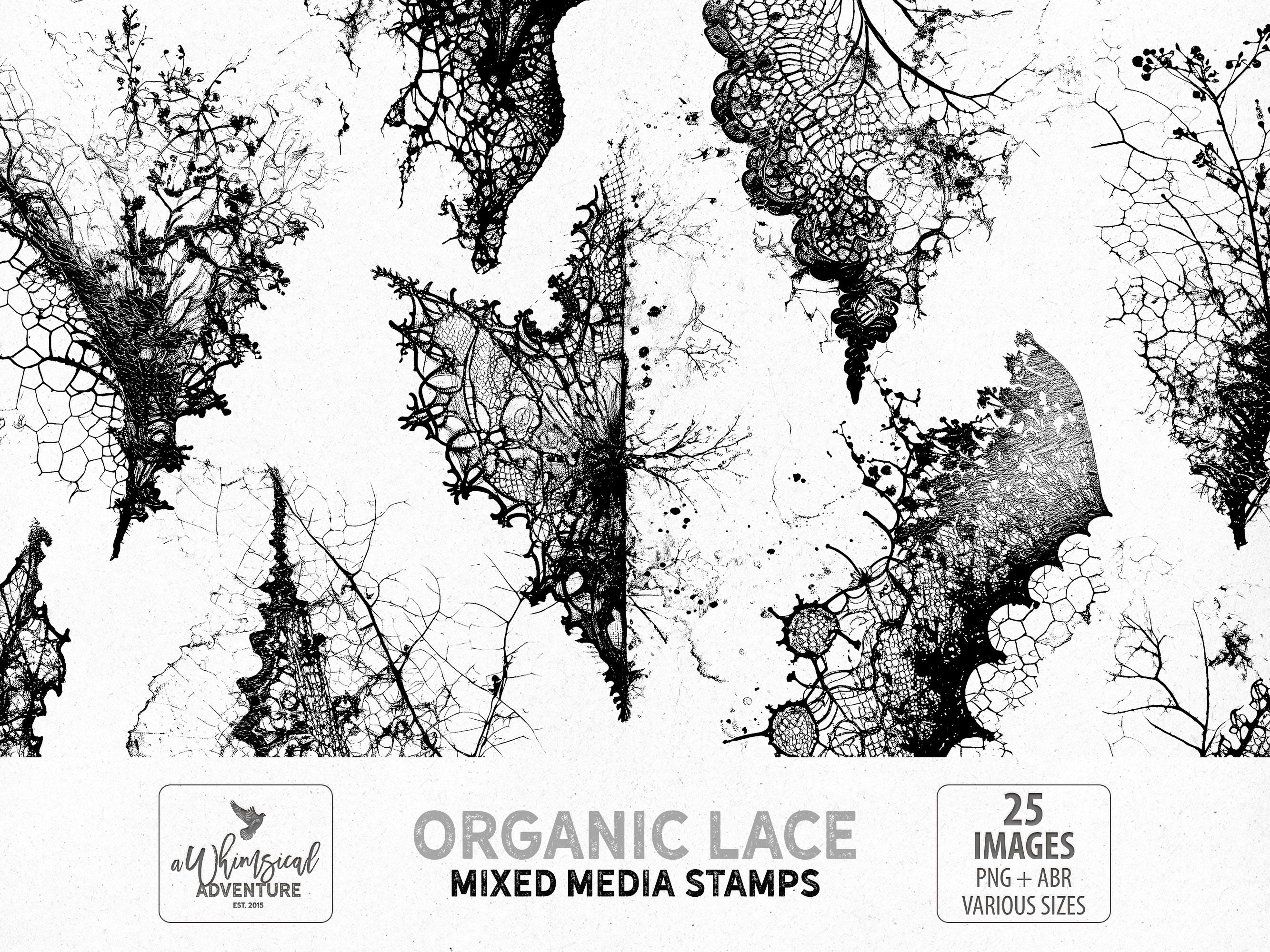 Organic Black Lace Mixed Media Stamps And Photoshop Brushes ABR, Digital Download PNG Clipart Files For Scrapbooking And Journaling