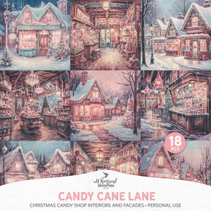 Candy Cane Lane rose Noël bonbons boutique scrapbooking, téléchargement numérique peint maisons de village d'hiver toile de fond
