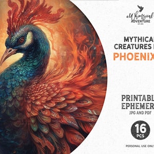 Phoenix Fabelwesen druckbare Junk Journal Ephemera Pack, digitaler Download 5 x 7 Karten und ATC Collage Sheets