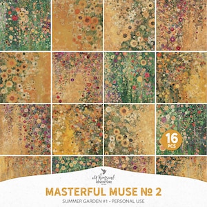 Papeles decorativos de pared con flores de verano inspirados en Klimt, descarga digital, fondo de diario y álbum de recortes, pintura al óleo estilo Art Nouveau