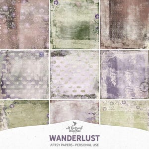 May include: Nine artsy papers with a vintage aesthetic. The papers feature a variety of textures, colours, and patterns, including floral designs, distressed backgrounds, and bicycle illustrations. The word "Wanderlust" is displayed at the bottom.